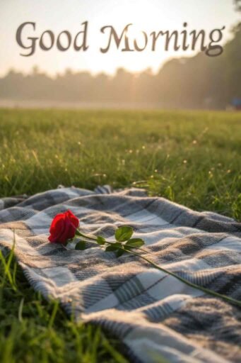 A peaceful good morning image for love, with a picnic blanket, a red rose, and soft light falling on a grassy meadow.