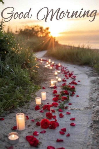 A romantic good morning image for love, showing a path of red roses lit with glowing candles, leading into the sunrise.