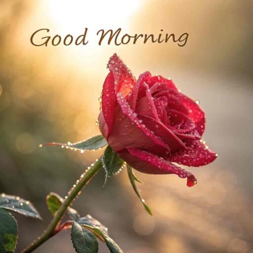 A bold good morning image for love, showcasing a single red rose with dewdrops glistening seductively.