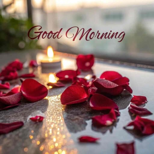 A provocative good morning image for love, with scattered rose petals on a reflective glass surface.