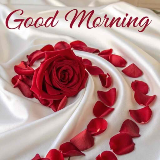 A steamy good morning image for love, with red rose petals forming a sensual spiral on a soft white surface.