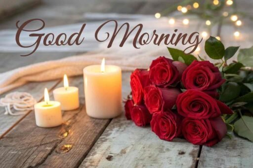 A dreamy good morning image for love, with candles glowing around a bouquet of red roses in soft morning light.