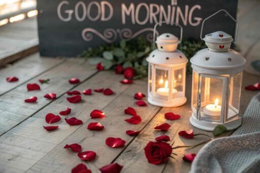 A creative good morning image for love, with glowing lanterns surrounded by rose petals on a wooden floor during sunrise.
