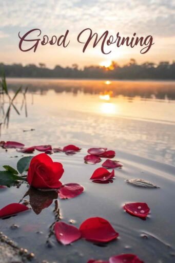 A soothing good morning image for love, showing red rose petals floating gently on calm water under the morning sky.
