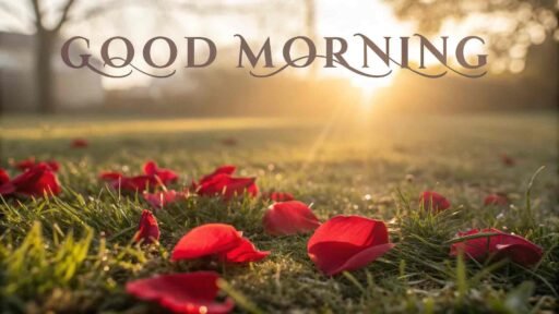 A serene good morning image for love, with red rose petals scattered on the ground and a glowing sunrise in the background.