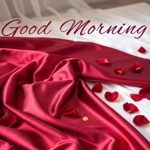 A bold good morning image for love, with red rose petals scattered on silky red satin sheets, exuding intimacy.