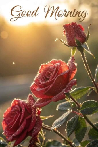 A fresh good morning image for love, showing dewdrops glistening on a bouquet of red roses under soft sunlight.