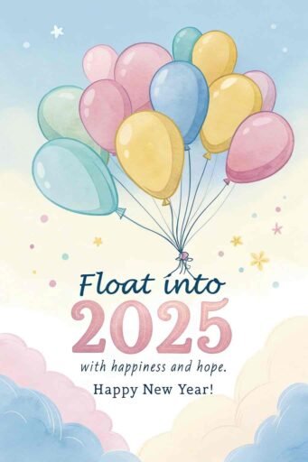 A happy new year 2025 wish image with quote featuring soft pastel balloons and a cheerful greeting.