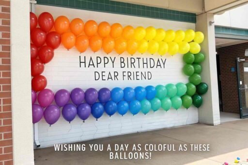 Celebrate your friend's special day with images of happy birthday dear friend, surrounded by a burst of rainbow balloons and vibrant colors.