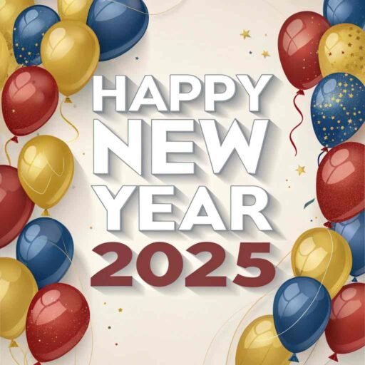 A balloon garland-themed happy new year 2025 free image with big, bold text.