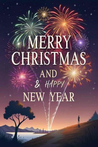 A dazzling "merry christmas and a happy new year pic" with glowing white text over a firework display.