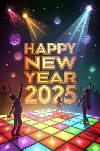 Picture of happy new year 2025 with a festive dance floor and bold glowing text.