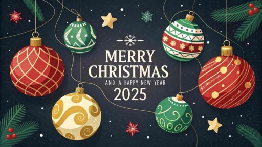 A vibrant "merry christmas and happy new year 2025 image" with ornaments, a starry background, and bold glowing text.