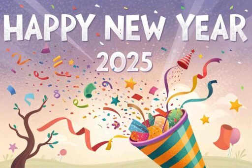 A party popper-themed happy new year 2025 free image with clear bold text.