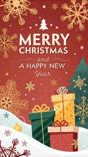 A vibrant pic of merry christmas and a happy new year with bold, clear lettering and a festive red theme filled with gifts and golden snowflakes.