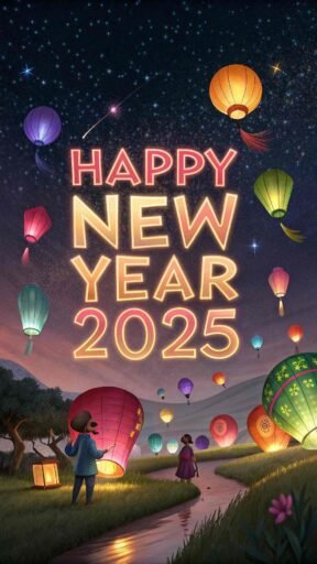 Picture of happy new year 2025 with glowing lanterns and vibrant bold text.