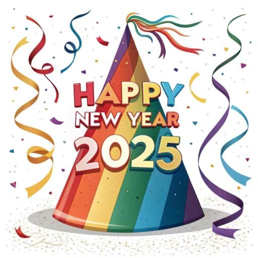 A "happy new year 2025 pic" featuring a playful party theme with bold rainbow text.