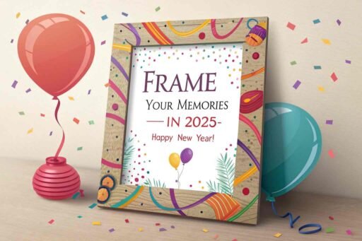 A happy new year 2025 wish image with quote featuring a festive photo frame and a joyful greeting.