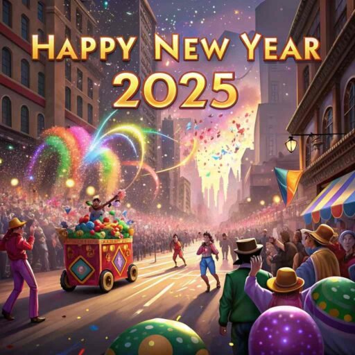 Picture of happy new year 2025 with a vibrant street parade and glowing bold text.