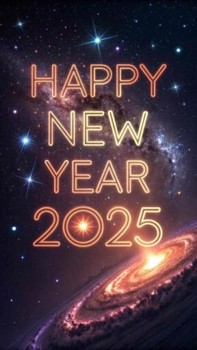 Explore the universe with this "happy new year 2025 image for download," featuring bold text and a galaxy-inspired design.
