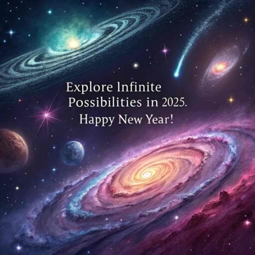 A happy new year 2025 wish image with quote featuring a cosmic backdrop and an inspiring message.