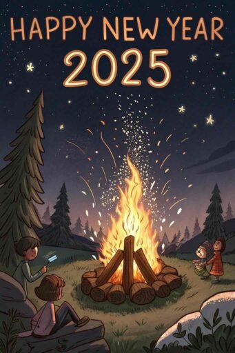 Picture of happy new year 2025 with a celebratory bonfire and fiery bold text.