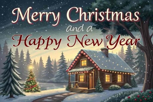 A charming image of Merry Christmas and a Happy New Year with a snow-covered cabin glowing with holiday lights.