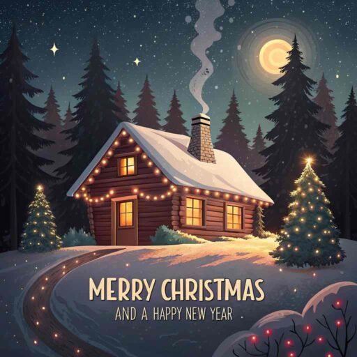 A picture of merry christmas and happy new year featuring a snowy cabin. The words "Merry Christmas and A Happy New Year" are clearly displayed in large letters.