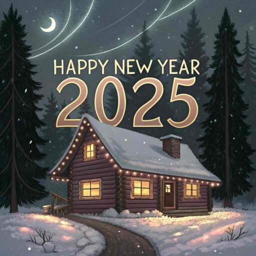 A warm "happy new years eve 2025 image" showing a rustic cabin and large "HAPPY NEW YEAR 2025" text glowing above.