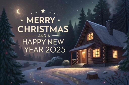 A serene "merry christmas and happy new year 2025 image" with a cozy winter cabin and glowing text.