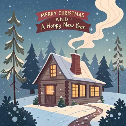 A warm merry christmas and a happy new year image of a snowy cabin with "Merry Christmas and A Happy New Year" clearly visible in bold letters.