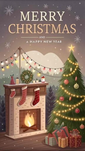 A picture of merry christmas and happy new year near a cozy fireplace. "Merry Christmas and A Happy New Year" is displayed clearly in bold text.