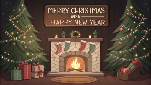 A warm pic of merry christmas and a happy new year showing a festive fireplace and stockings with glowing bold text on top.