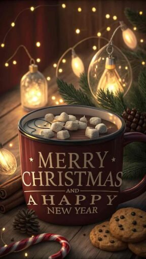 A cozy "merry christmas and a happy new year pic" featuring warm cocoa, cookies, and bold text.