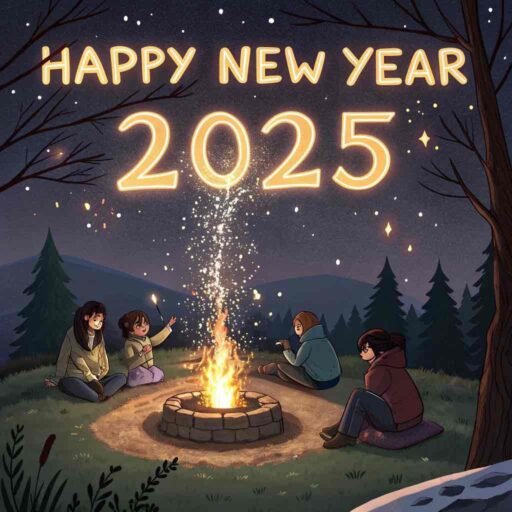 A "happy new year 2025 pic" featuring a warm gathering by the fire with glowing celebratory text.