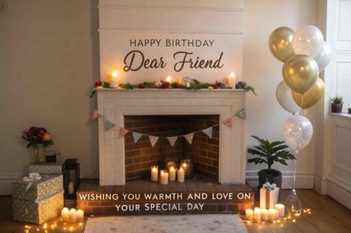 Celebrate with a warm, cozy atmosphere using images of happy birthday dear friend, surrounded by the comforting glow of a fireplace.