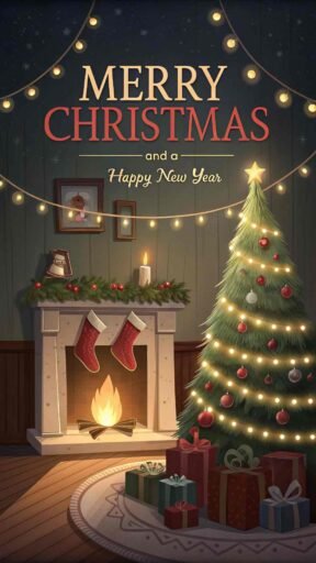 A warm image of Merry Christmas and a Happy New Year with a cozy fireplace, stockings, and a decorated Christmas tree, creating a comforting ambiance.