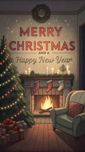 A warm "merry christmas and a happy new year pic" with glowing red text above a festive holiday fireplace.