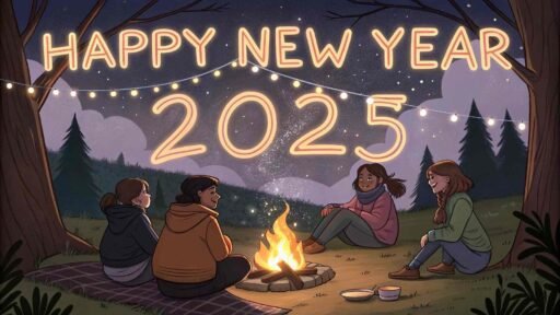 A cozy "happy new years eve 2025 image" featuring friends, fire, and bold "HAPPY NEW YEAR 2025" text lighting up the scene.