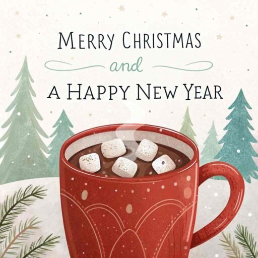 A warm pic of merry christmas and a happy new year featuring bold greetings alongside a festive cup of hot cocoa.