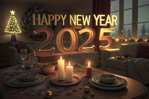 A cozy "happy new years eve 2025 image" featuring candlelight and bold "HAPPY NEW YEAR 2025" text in a festive setting.