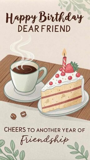 Share a cup of warmth and love with images of happy birthday dear friend, featuring a warm setting and cake to make their day memorable.