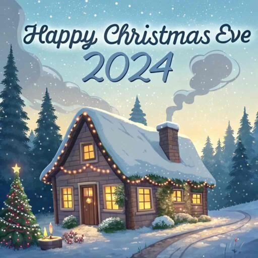 A glowing frosty blue "Happy Christmas Eve 2024" above a snowy cottage.