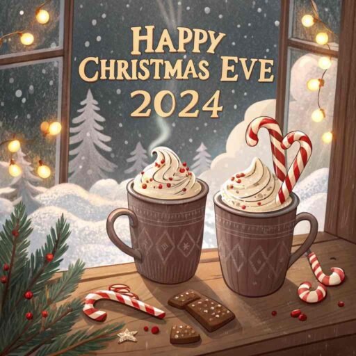 Hot cocoa with glowing golden "Happy Christmas Eve 2024" seen through a snowy window.