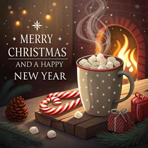 A picture of merry christmas and happy new year with a mug of hot chocolate. "Merry Christmas and A Happy New Year" is clearly written in big font.