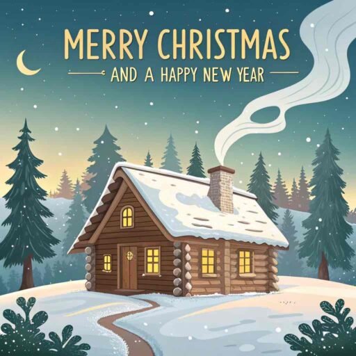 A serene "merry christmas and a happy new year pic" with glowing yellow text over a peaceful winter cabin scene.