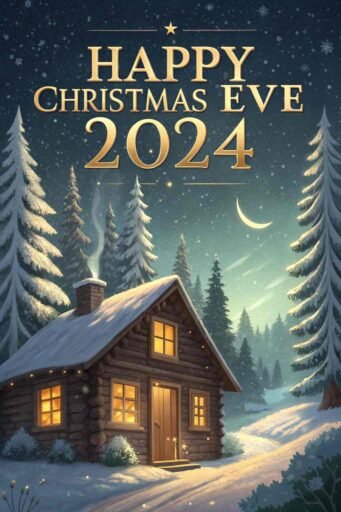 A glowing golden "Happy Christmas Eve 2024" above a snowy forest cabin.