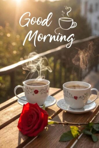 A heartfelt good morning image for love, with two steaming teacups and a red rose on a wooden table in soft sunlight.