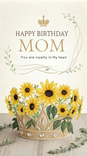 This regal design features sunflowers as a crown, making it the ideal happy birthday mom image with sunflowers for a queen-like birthday celebration.