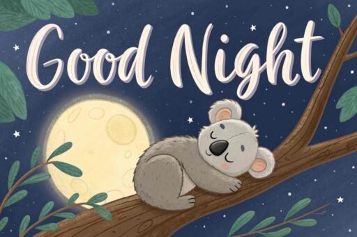 A good night cute image of a peaceful koala surrounded by soft moonlight and calmness.
